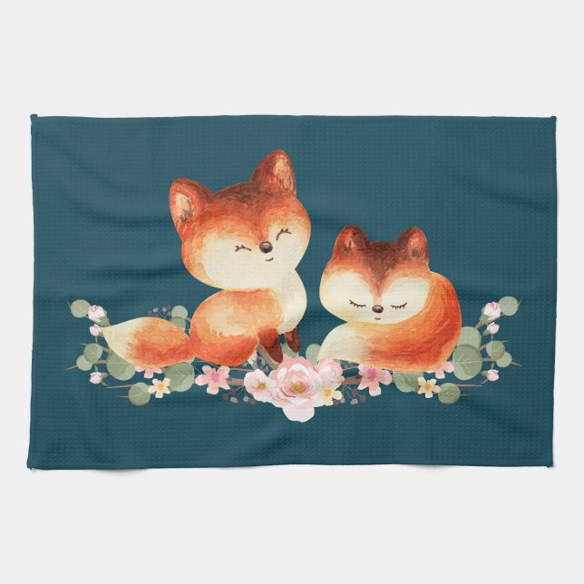 2 Cute Little Red Foxes Watercolor Design Tea Towel (Horizontal)