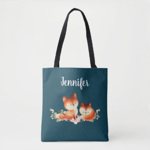 2 Cute Little Red Foxes Watercolor Design Tote Bag