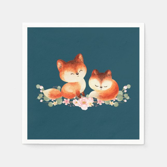 2 Cute Little Red Foxes Watercolor Napkin (Front)