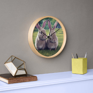 2 Cute rabbits in field clock