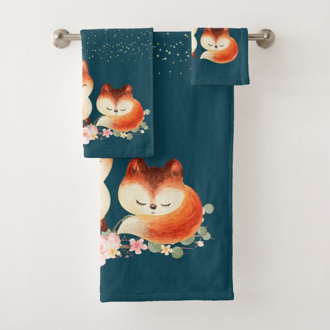 2 Cute Red Foxes under the Stars Bath Towel Set (Insitu)