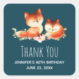 2 Cute Red Foxes Watercolor Birthday Thank You Square Sticker