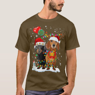 2 Dachshund Christmas Light Tree Reindeer Santa Xm T-Shirt