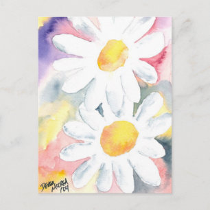 2 daisy flowers watercolor whimsical art painting postcard
