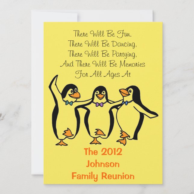 #2 Dancing Penguins Family Reunion Party Hotel inf Invitation (Front)