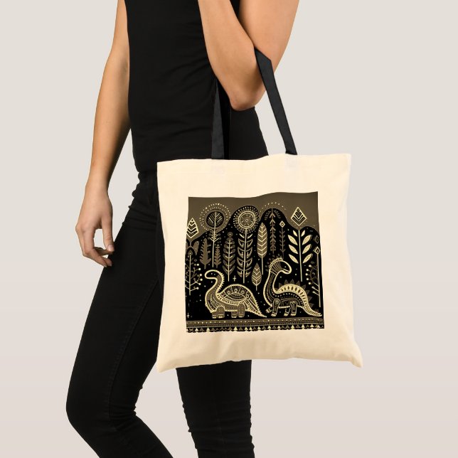 2 dinausors with dark forest tote bag (Front (Product))