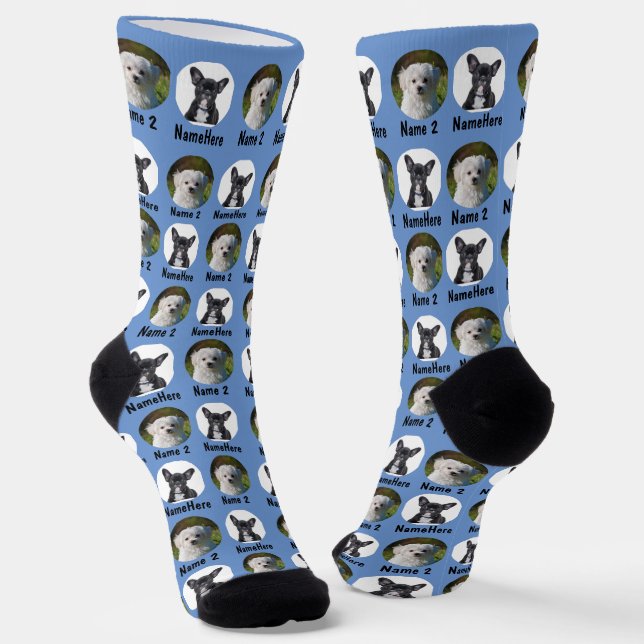 2 Dogs 2 Names Personalised Dog Photo Blue  Socks (Angled)