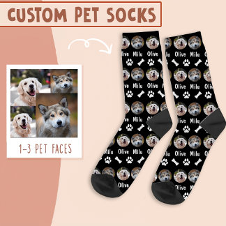 2 Dogs 2 Names Personalised Dog Photo on Black Socks