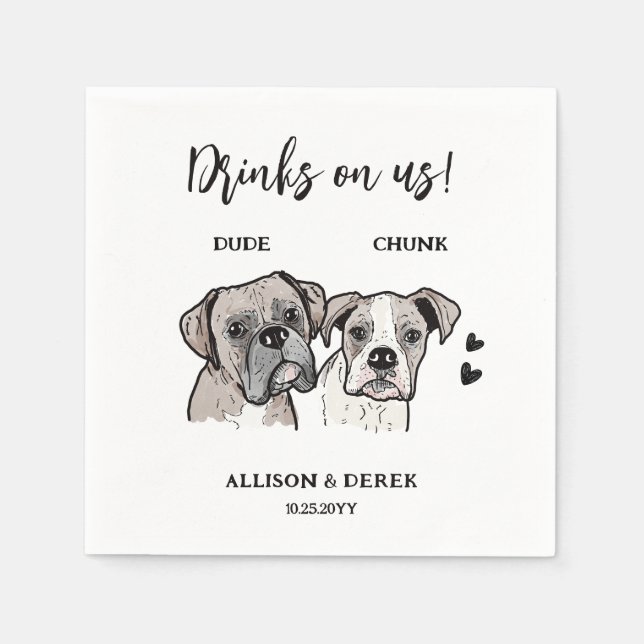 2 Dogs Doodle Drawing Drinks on us Wedding  Napkin (Front)
