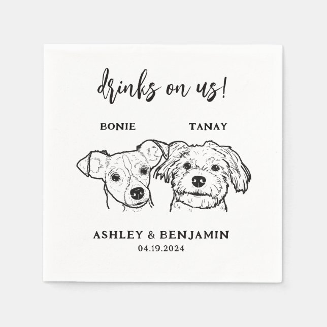  2 Dogs Faces Pet Drinks on Us Wedding  Napkin (Front)