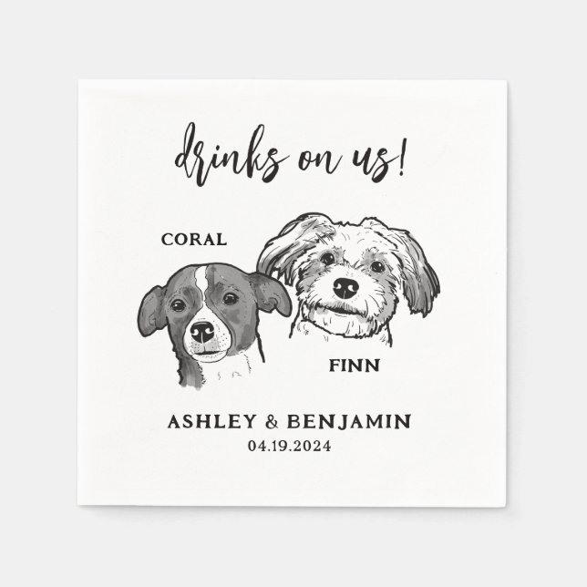 2 Dogs Faces Sketch Pet Drinks on Us Wedding  Napkin (Front)