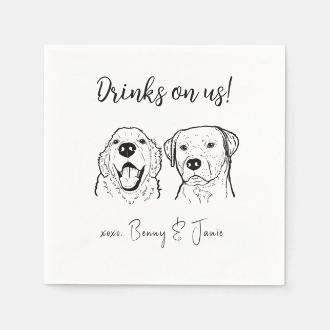 2 Dogs Golden Retriever Drinks on Us Dog Wedding Napkin (Front)