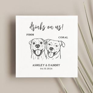  2 Dogs Pet Line Art Drinks on Us Wedding  Napkin
