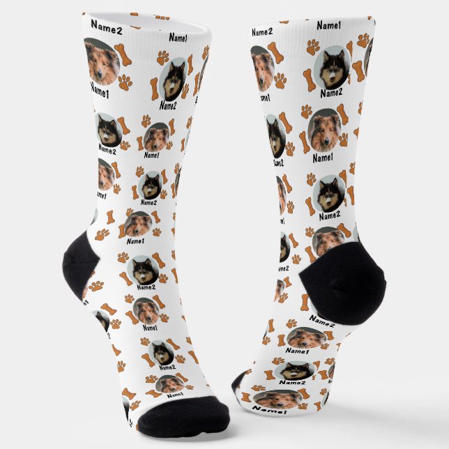 2 Dogs Photos 2 Names + Bones & Paw Prints - White Socks (Angled)