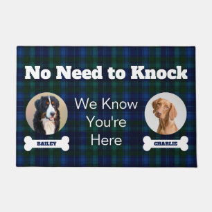 2 Dogs Photos Navy Tartan Plaid No Need To Knock Doormat