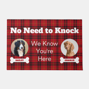2 Dogs Photos No Need To Knock Red Tartan Plaid Doormat