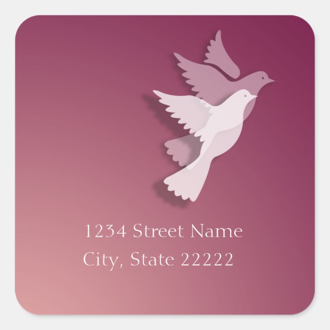 2 Doves of Peace Return Address Pink Square Sticker (Front)