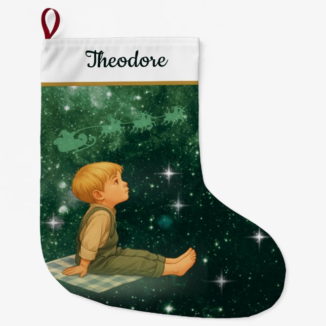2.	Dreaming Boy Christmas Stocking – Green Silver (Front)