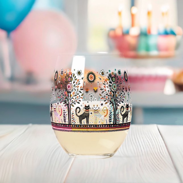 2 egypt cats with piramids stemless wine glass (Insitu (Baby Shower))