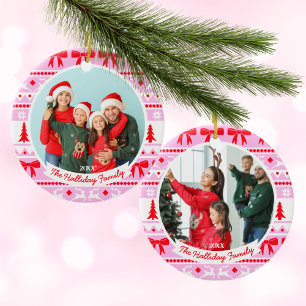 2 Family Photo Christmas Sweater Pink & Red Ceramic Tree Decoration