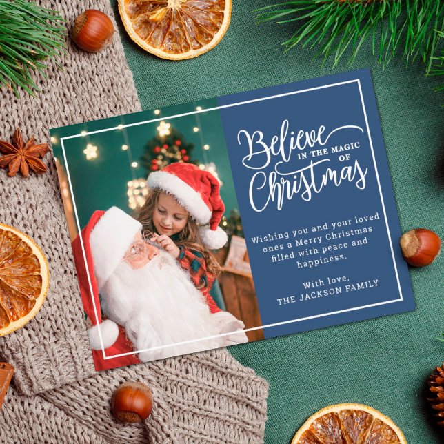 2 family photos blue Believe in Christmas magic Holiday Postcard (Creator Uploaded)