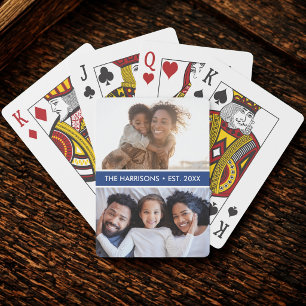 2 Family Photos Name or Custom Text, Simple Modern Playing Cards