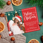 2 family photos red Believe in Christmas magic Holiday Postcard<br><div class="desc">Modern holiday greeting postcard featuring one of your favourite Christmas family portraits on the left complemented by a real gold foil frame and wording that reads "Believe in the magic of Christmas" on the right over a classic festive red background, customisable with your own greeting message. The back of the...</div>