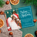 2 family photos teal Believe in Christmas magic Holiday Postcard<br><div class="desc">Modern holiday greeting postcard featuring one of your favourite Christmas family portraits on the left complemented by a real gold foil frame and wording that reads "Believe in the magic of Christmas" on the right over a modern teal background, customisable with your own greeting message. The back of the postcard...</div>