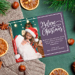 2 family photos violet Believe in Christmas magic Holiday Postcard<br><div class="desc">Modern holiday greeting postcard featuring one of your favourite Christmas family portraits on the left complemented by a real gold foil frame and wording that reads "Believe in the magic of Christmas" on the right over a modern violet background, customisable with your own greeting message. The back of the postcard...</div>