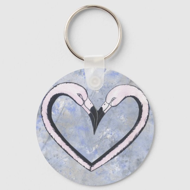 2 Flamingo kiss heart on blue Key Ring (Front)