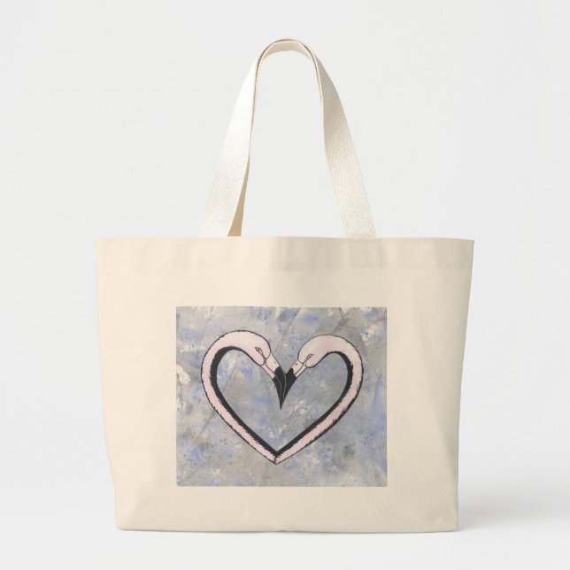 2 Flamingo kiss heart on blue Large Tote Bag (Front)