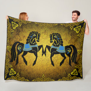 2 Folk black  Friesian Viking heart gold/blue Fleece Blanket