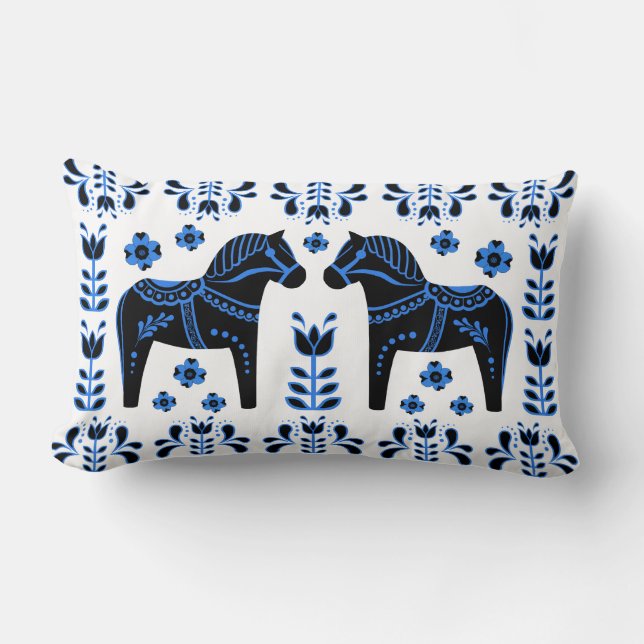 2 Folk Dala Horse/Folk floral/Friesian, black/blue Lumbar Cushion (Front)