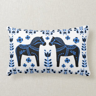 2 Folk Dala Horse/Folk floral/Friesian, black/blue Lumbar Cushion
