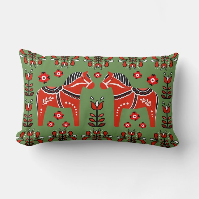 2 Folk Dala Horse/Folk floral, white/green/red Lumbar Cushion (Front)