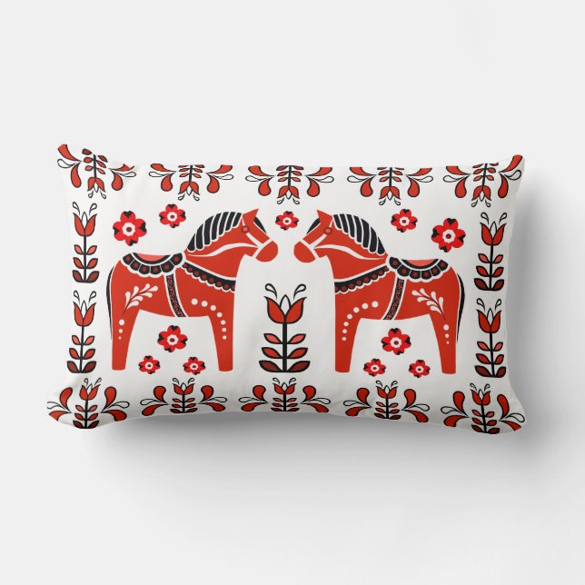2 Folk Dala Horse/Folk floral, white/red Lumbar Cushion (Front)