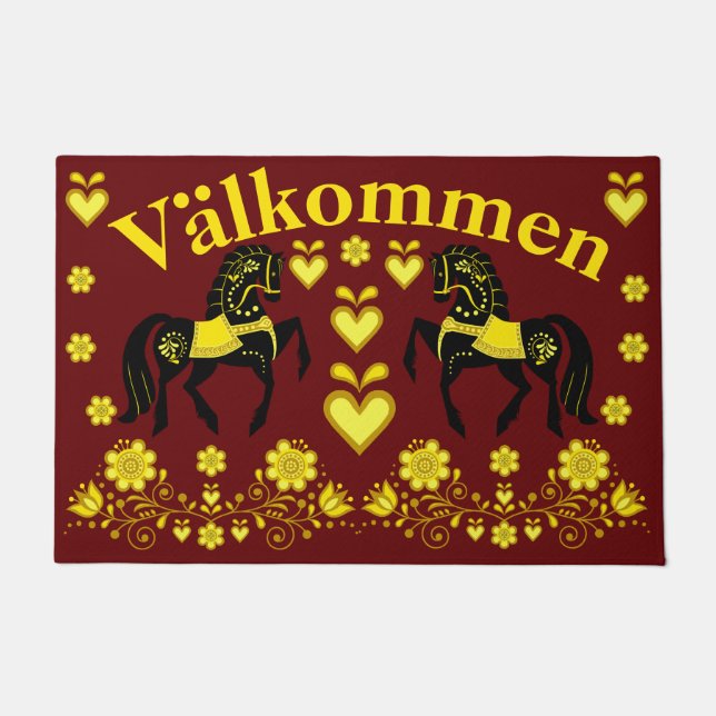 2 Folk Friesian, gold/brick Valkommen, welcome Doormat (Front)