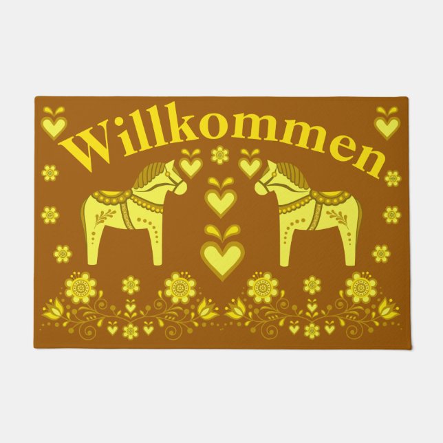 2 Folk Friesian, gold/Bronze Willkommen, welcome Doormat (Front)
