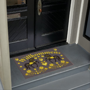 2 Folk Friesian, gold/charcoal Willkommen, welcome Doormat