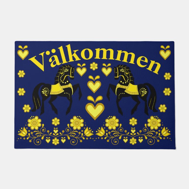2 Folk Friesian, gold/navy Valkommen, welcome Doormat (Front)