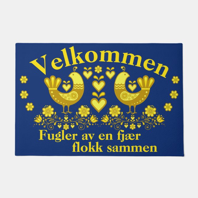 2 Folk fugler av en fjær, Velkommen, gold/blå Doormat (Front)