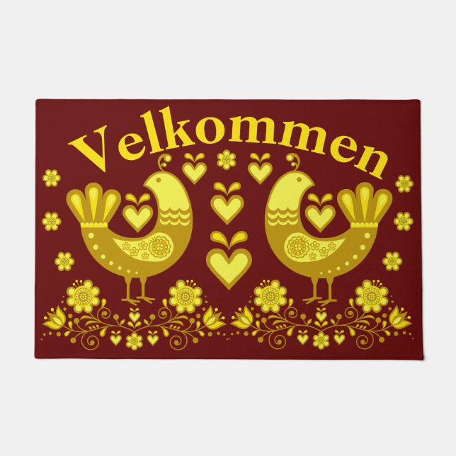 2 Folk love birds, gold/brick Velkommen, welcome Doormat (Front)