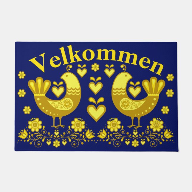 2 Folk love birds, gold/navy Velkommen, welcome Doormat (Front)