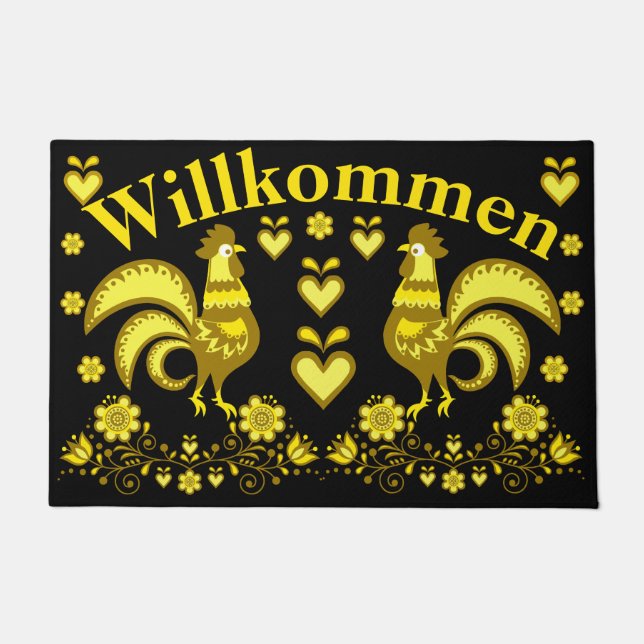 2 Folk Roosters, gold/black  Willkommen, welcome Doormat (Front)