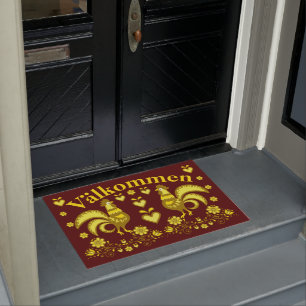 2 Folk Roosters, gold/red Valkommen, welcome Doormat