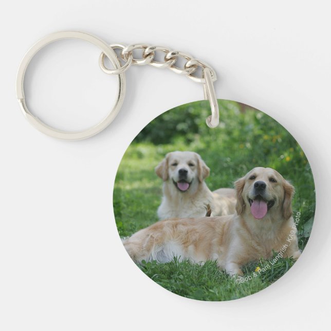 2 Golden Retrievers Laying in Grass Key Ring (Front)