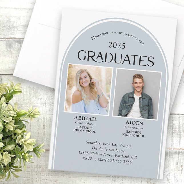 2 Graduates Dusty Blue Arch Double Graduation Invitation (Creator Uploaded)