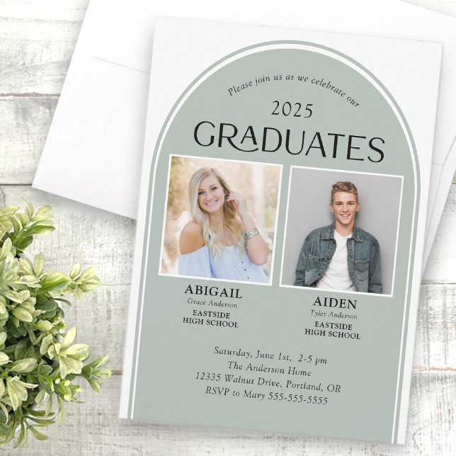 2 Graduates Sage Green Arch Double Graduation Invitation (Creator Uploaded)