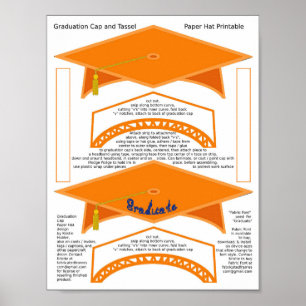 2 Graduation Cap Orange Paper Hats Graduate Blue Poster
