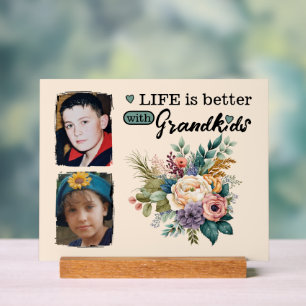 2 grandkids photo floral green acrylic sign